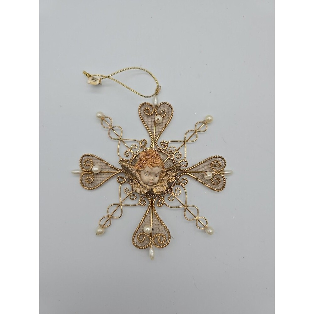 Vintage Fontanini Cherub Ornament #56285 NIB Cherub On A Gold Snowflake